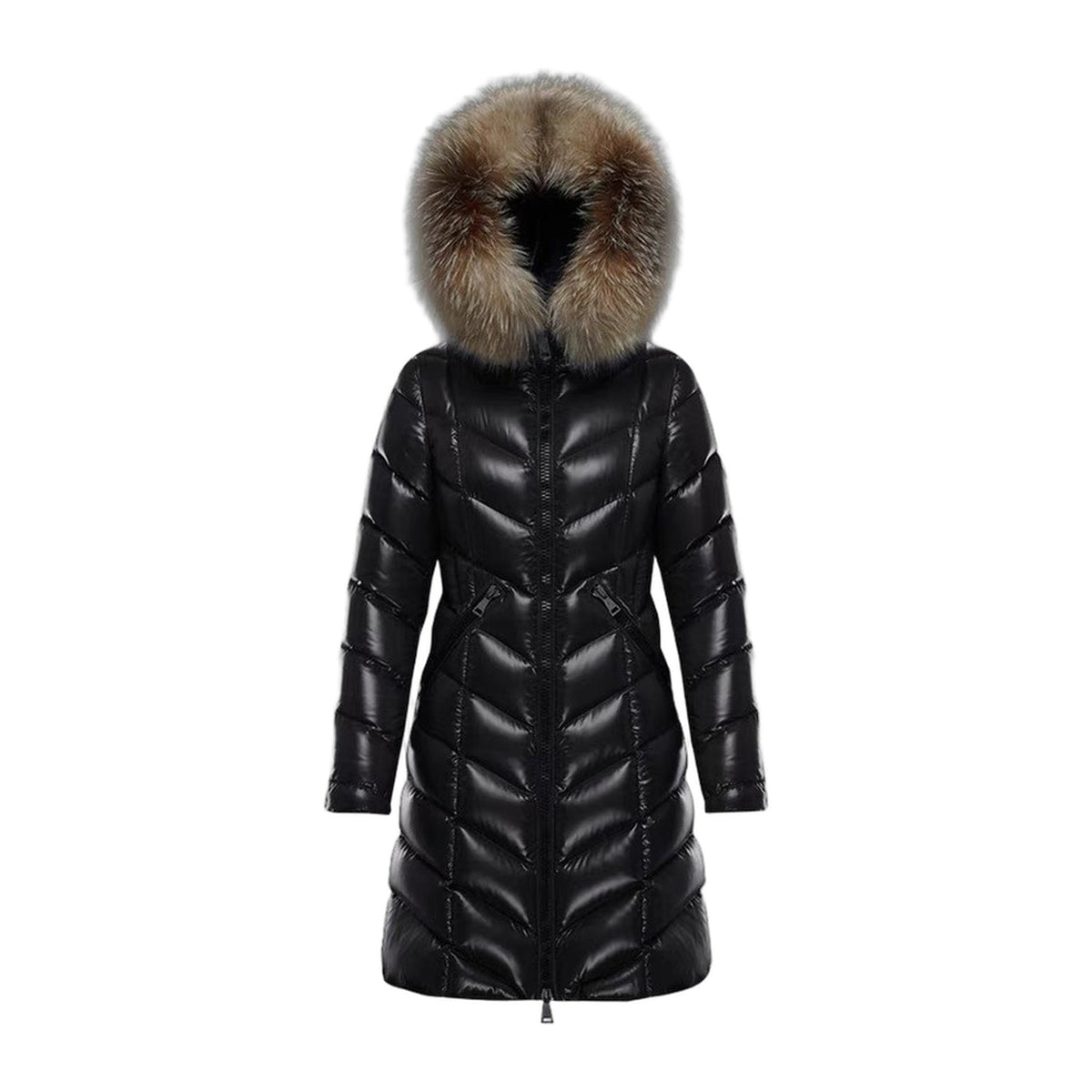 Moncler Fulmarus Chevron-Quilted Fur-Trim Long Coat | Premium Down