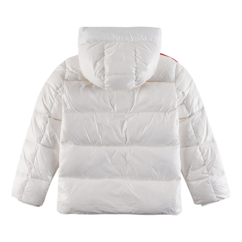 Moncler Tricolour Sleeve-Stripe Glossy Hooded Puffer Jacket | Premium Down