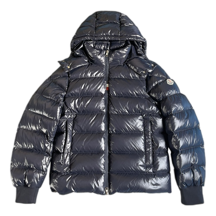 Moncler Glossy Logo-Zip Hooded Puffer Jacket | Navy | Premium Down