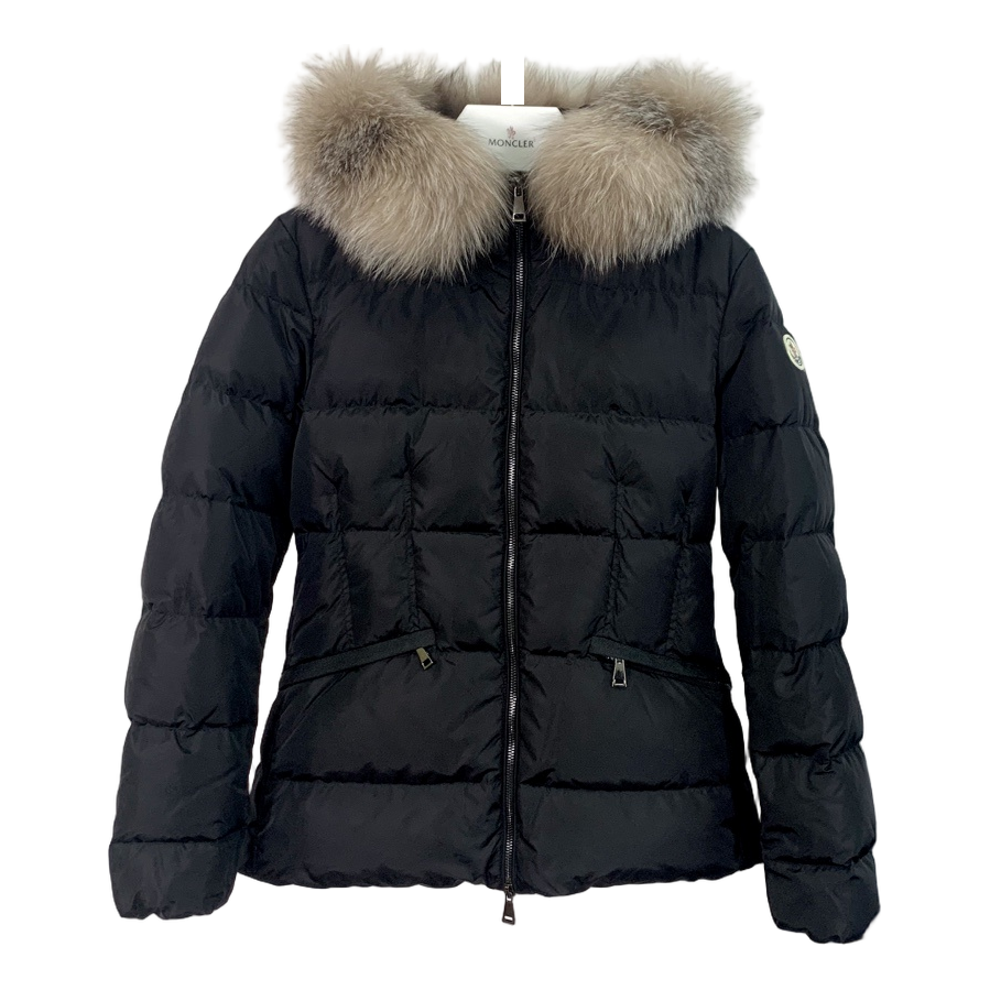 Moncler Cinched-Waist Fur-Trim Hooded Puffer Jacket | Black | Premium Down
