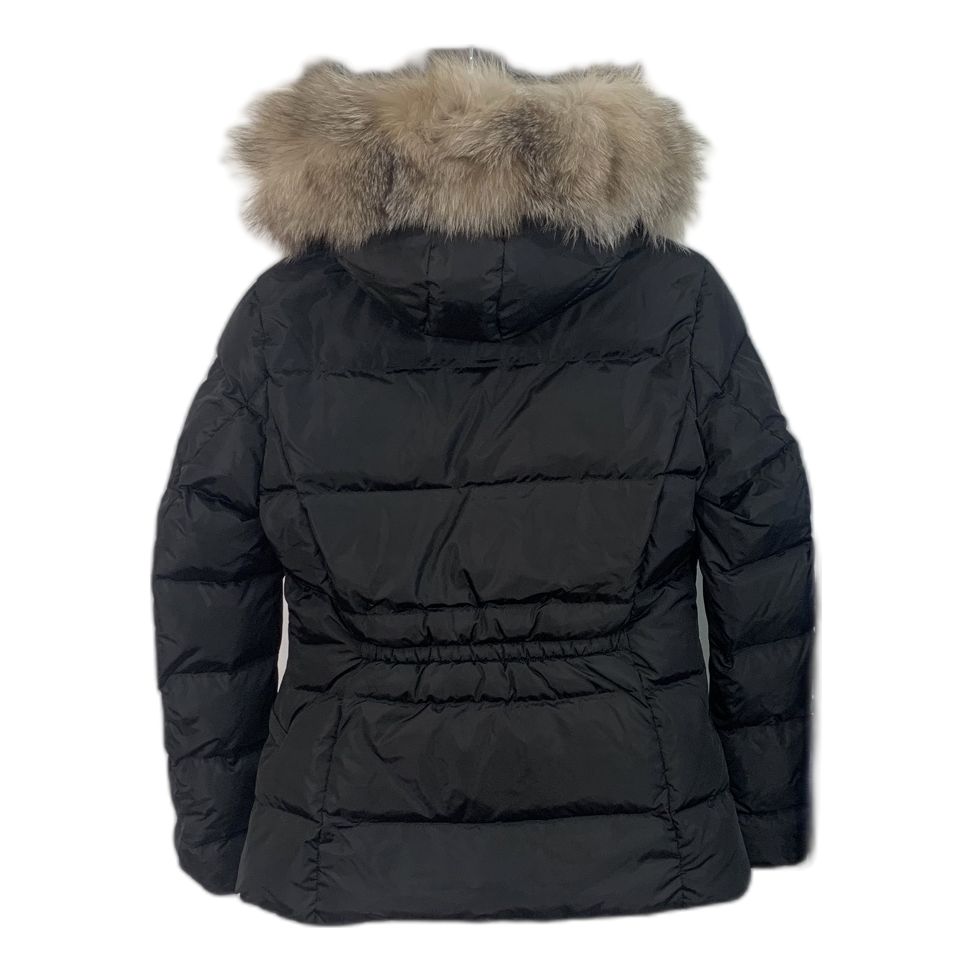 Moncler Cinched-Waist Fur-Trim Hooded Puffer Jacket | Black | Premium Down