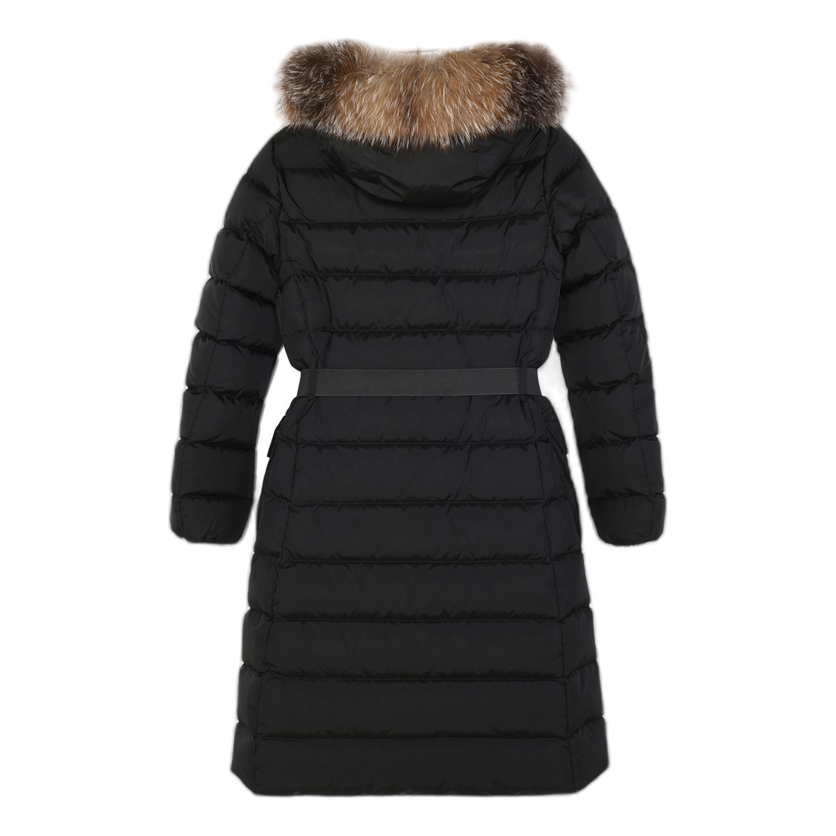 Moncler Khloe Belted Fur-Trim Hooded Long Coat | Black | Premium Down