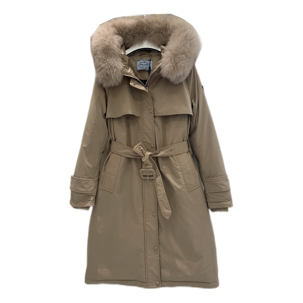 Prada Belted Fur-Trim Hooded Coat | Beige | Italian Luxury