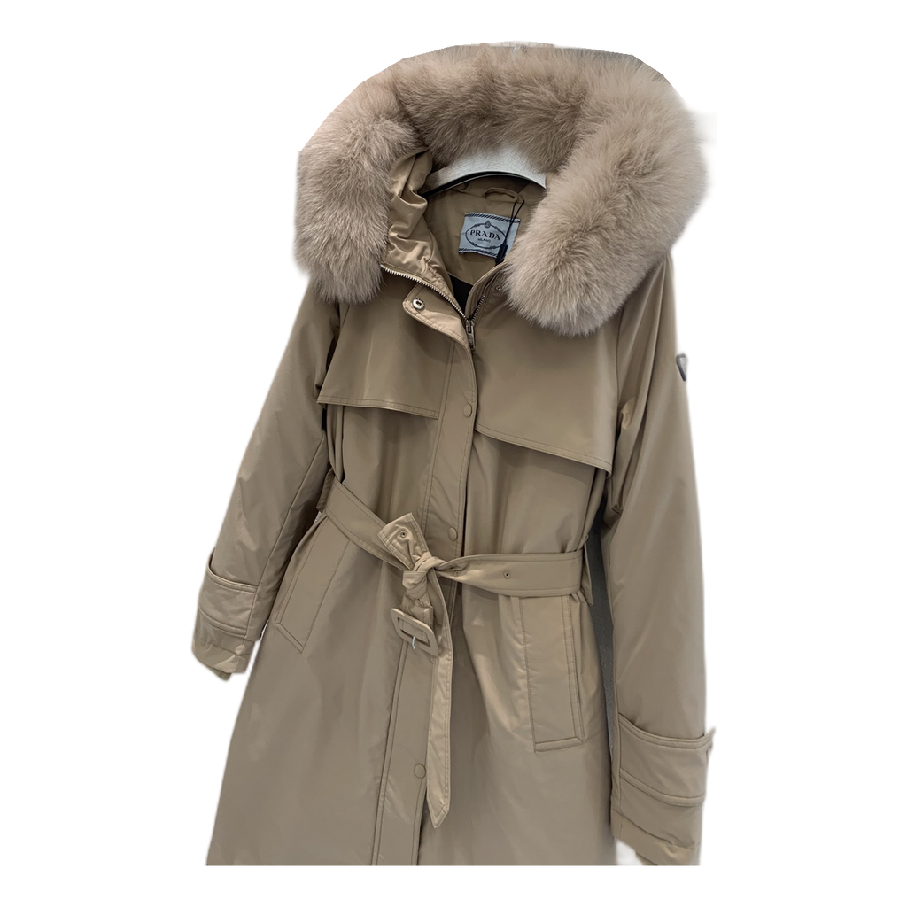 Prada Belted Fur-Trim Hooded Coat | Beige | Italian Luxury