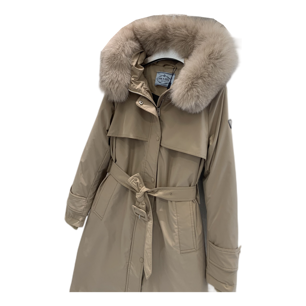 Prada Belted Fur-Trim Hooded Coat | Beige | Italian Luxury
