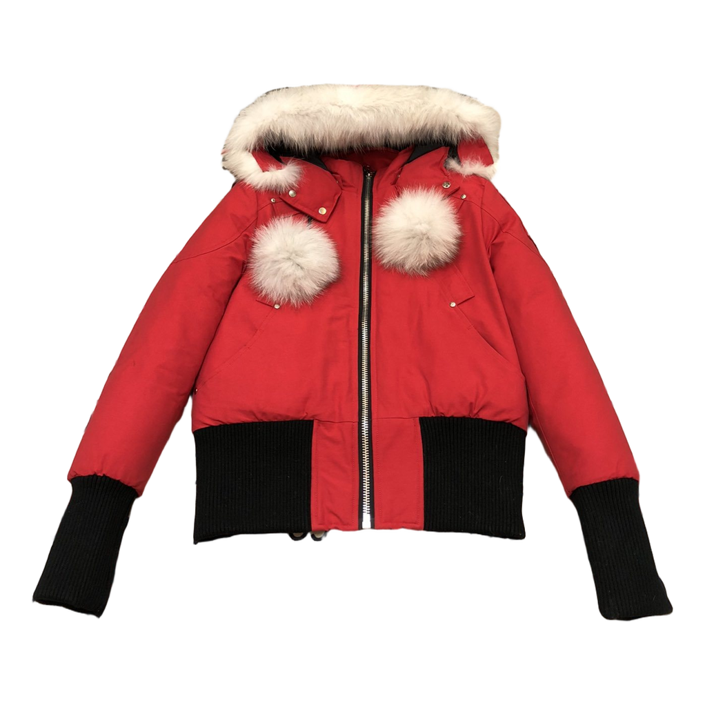 Moose Knuckles Debbie Pom-Pom Hooded Bomber Jacket | Red | Canadian Down