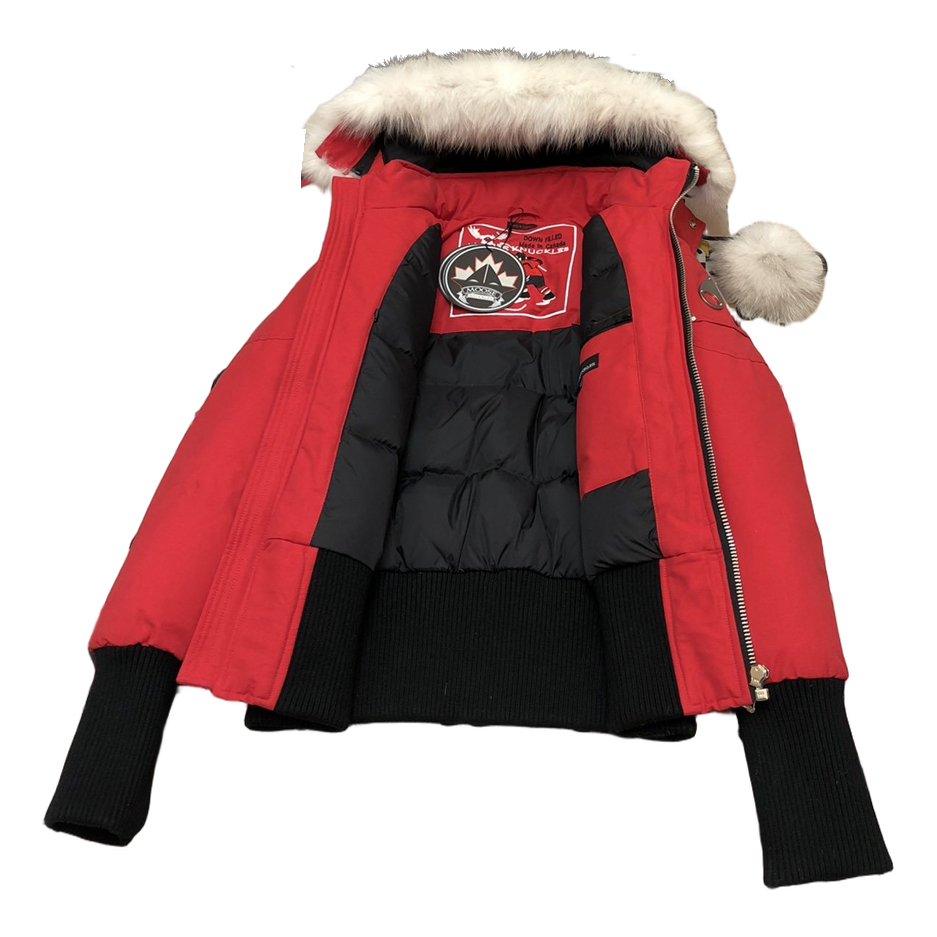 Moose Knuckles Debbie Pom-Pom Hooded Bomber Jacket | Red | Canadian Down