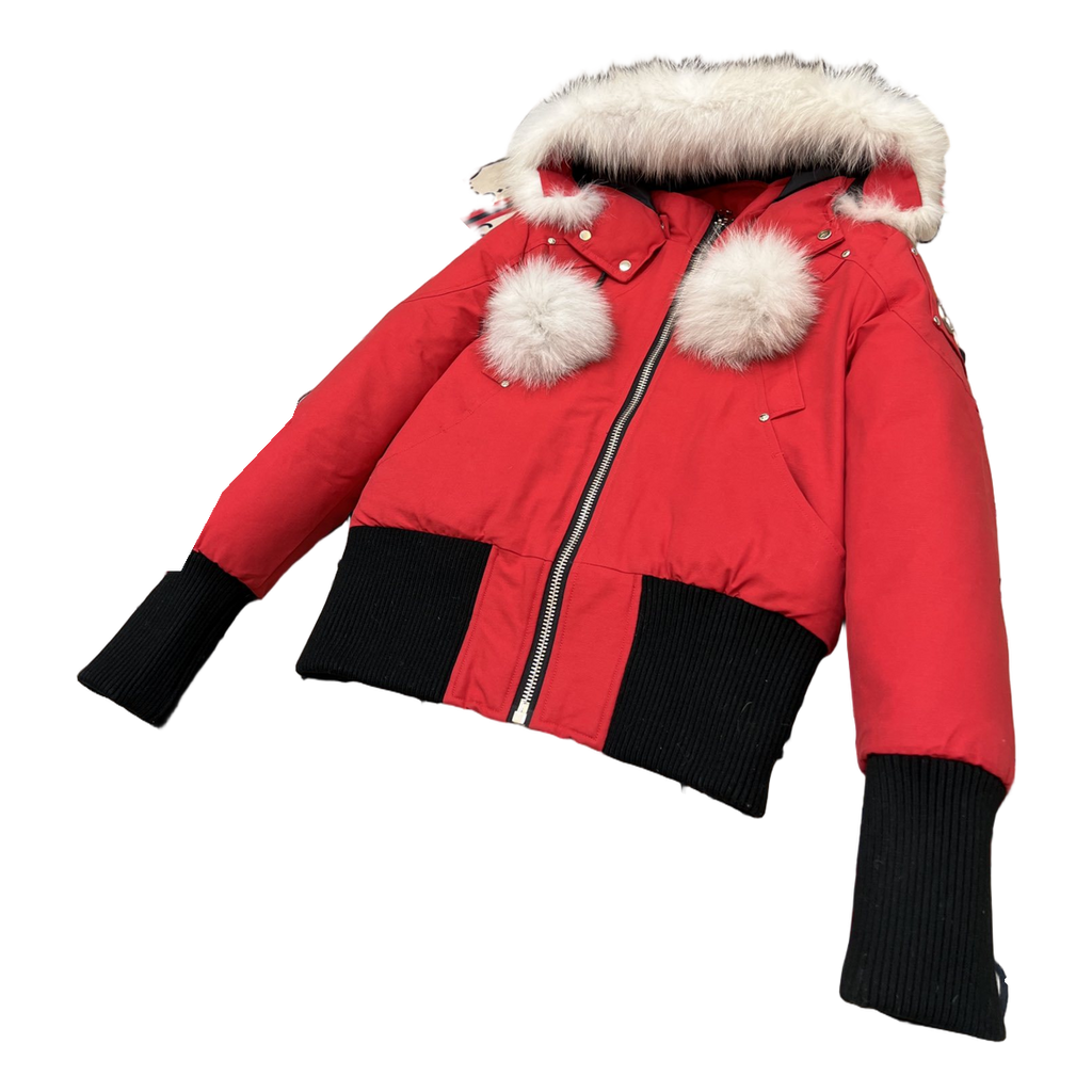 Moose Knuckles Debbie Pom-Pom Hooded Bomber Jacket | Red | Canadian Down