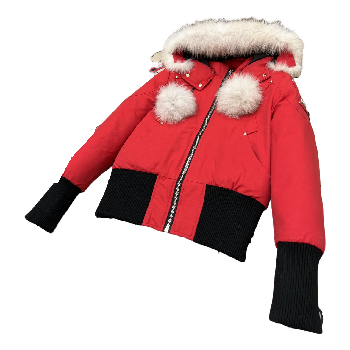 Moose Knuckles Debbie Pom-Pom Hooded Bomber Jacket | Red | Canadian Down