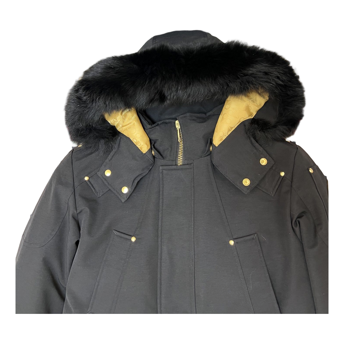 Moose Knuckles Gold-Lined Fur-Trim Long Parka | Black | Canadian Down