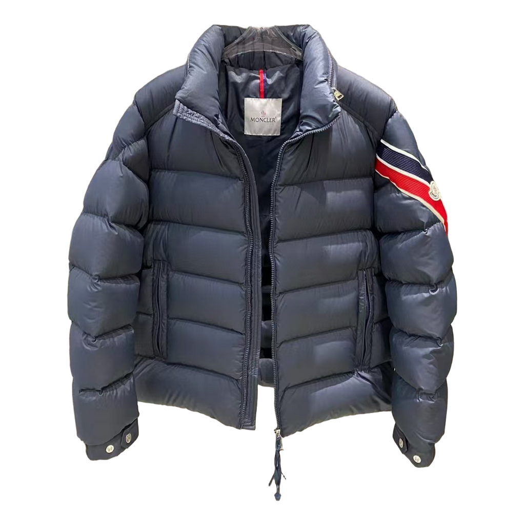 Moncler Tricolour Sleeve-Band Stand-Collar Puffer Jacket | Navy | Premium Down