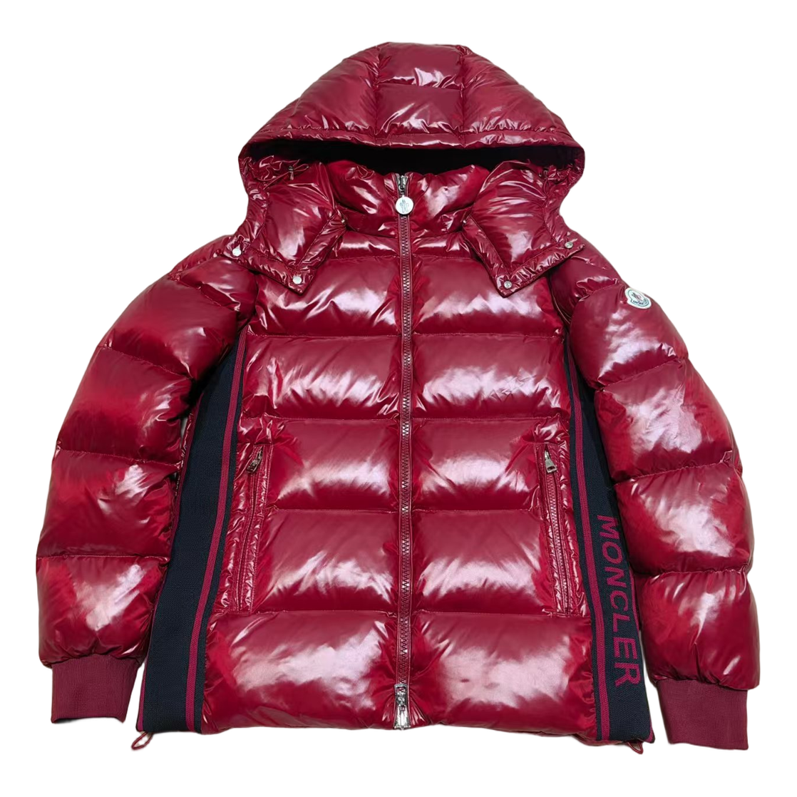 Moncler Logo-Zip Glossy Hooded Puffer Jacket | Red | Premium Down