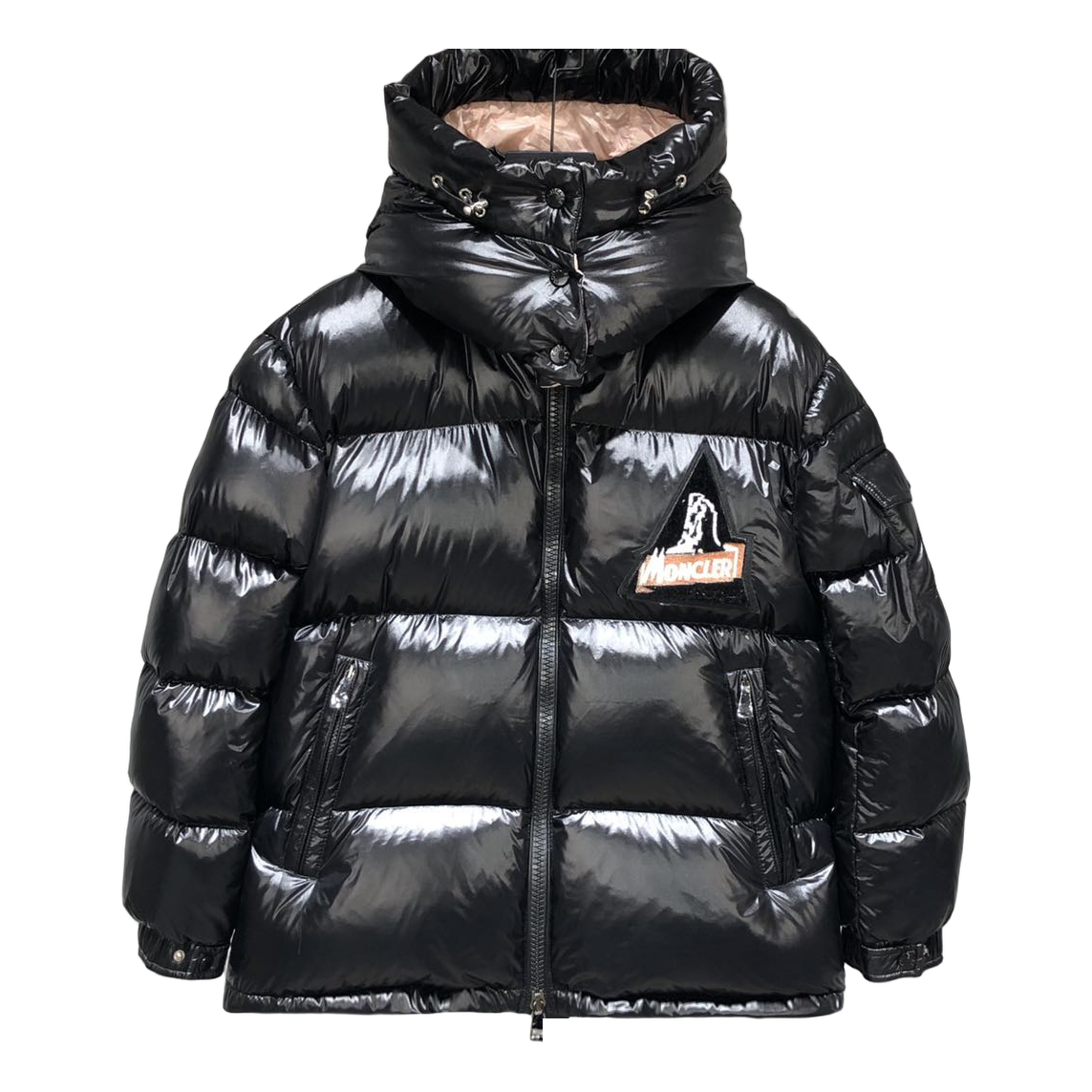 Moncler Mountain-Badge Glossy Short Puffer Jacket | Black | Premium Down