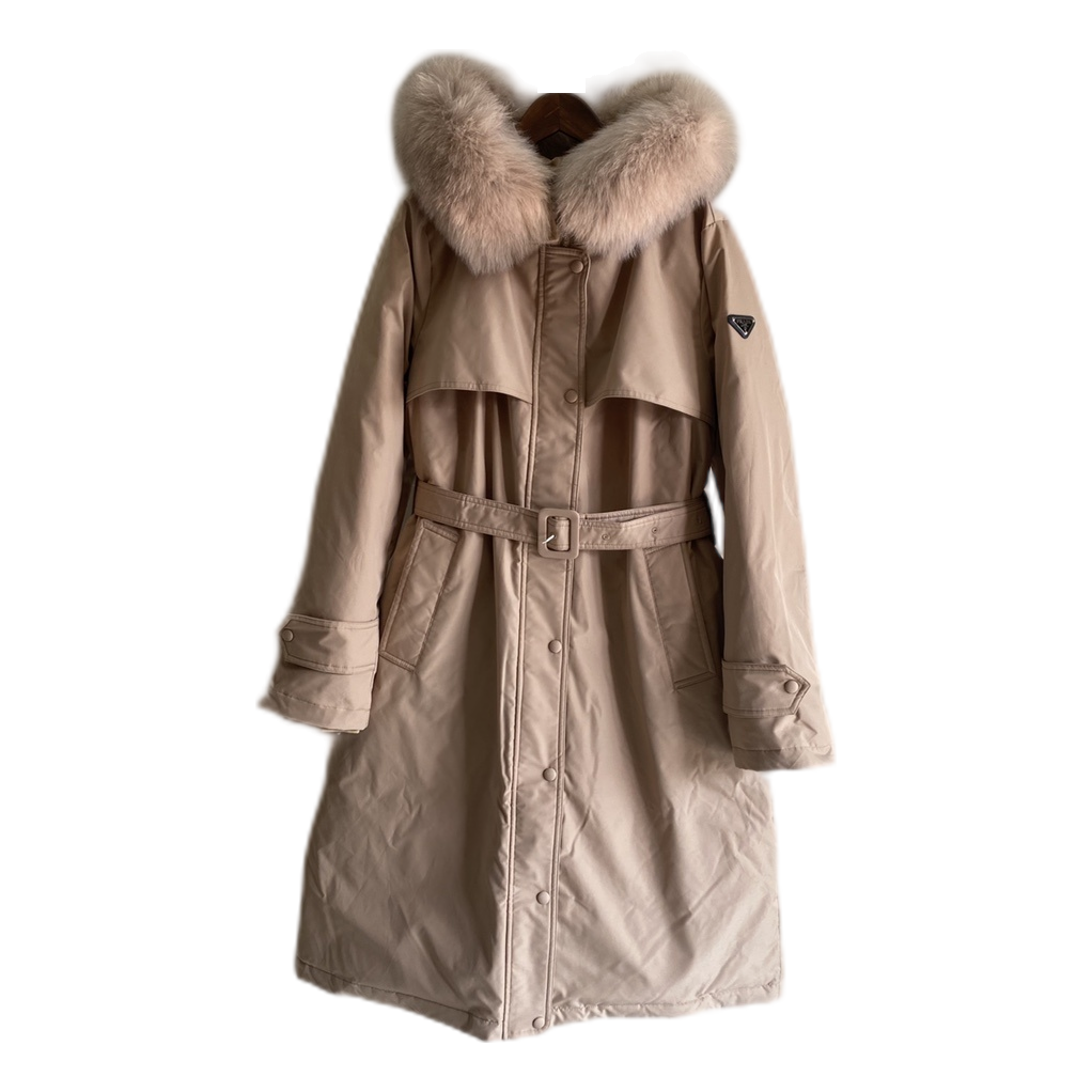 Prada Belted Fur-Trim Hooded Coat | Blush Beige | Luxury Outerwear