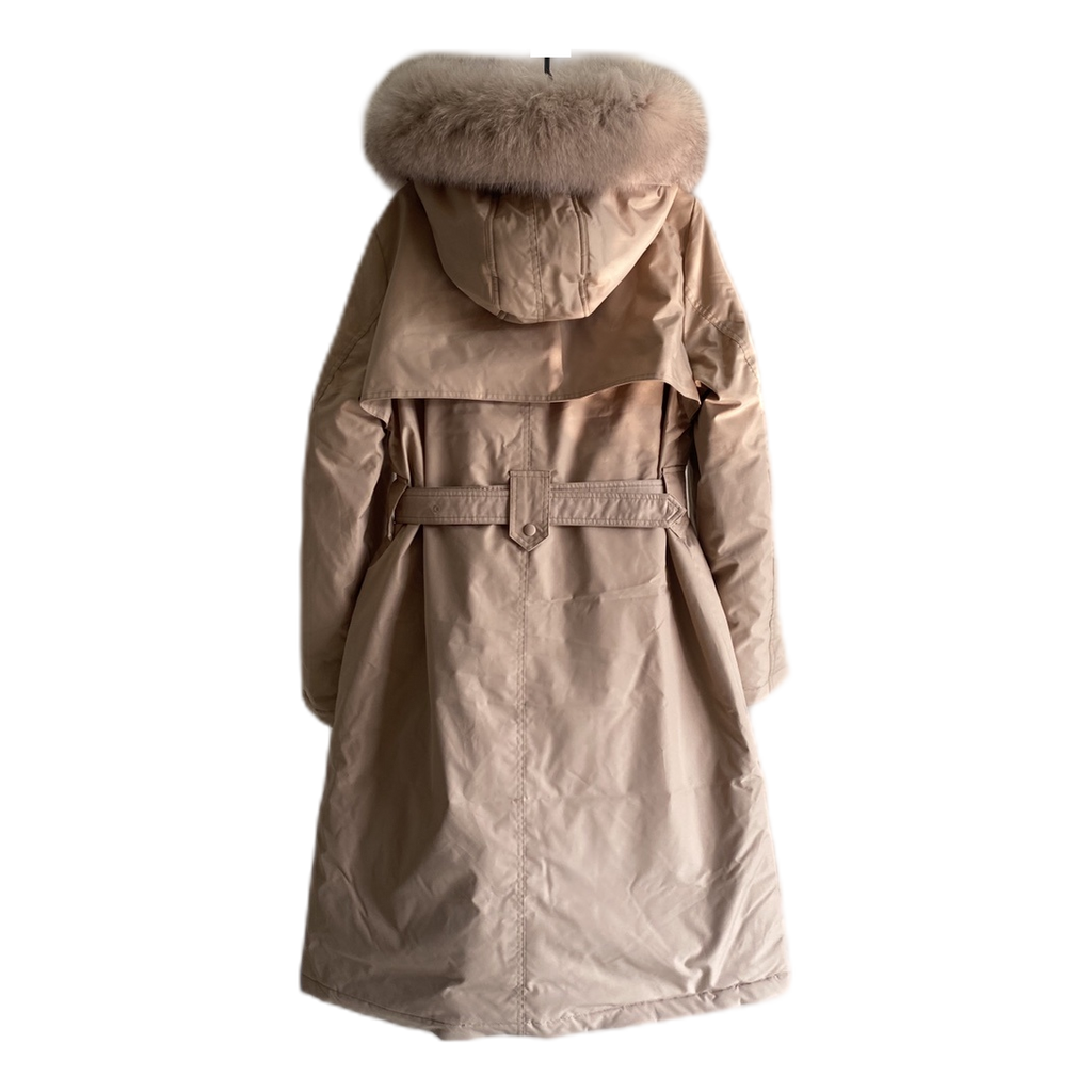 Prada Belted Fur-Trim Hooded Coat | Blush Beige | Luxury Outerwear