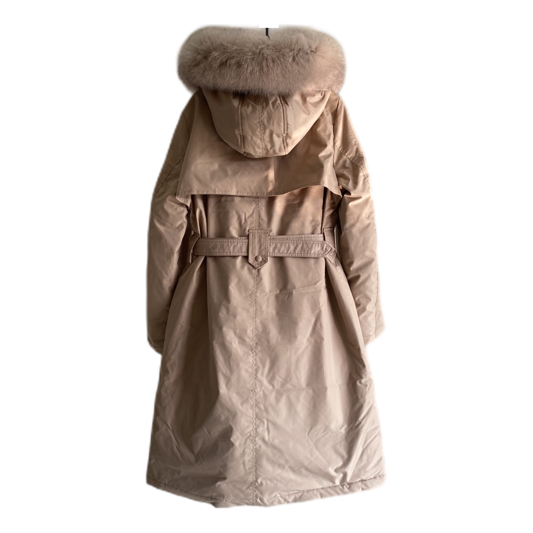 Prada Belted Fur-Trim Hooded Coat | Blush Beige | Luxury Outerwear