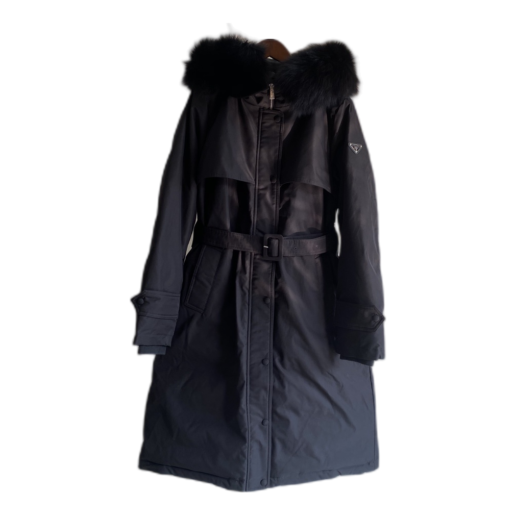 Prada Belted Fur-Trim Hooded Coat | Black | Italian Luxury